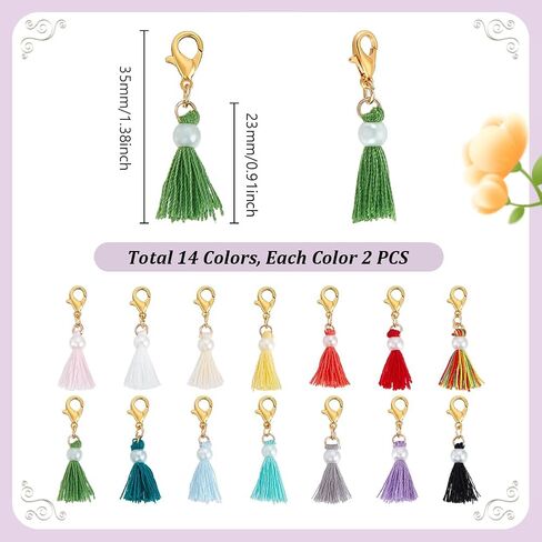 AHANDMAKER 28Pcs 14 Colors Mini Tassel with Lobster Clasp, 28Pcs Clip on Charm Craft Tassels with Imitation Pearl for Bracelets Jewelry Making Key Chain and Craft Supplies in Kuwait