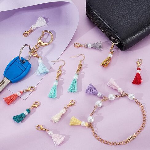 AHANDMAKER 28Pcs 14 Colors Mini Tassel with Lobster Clasp, 28Pcs Clip on Charm Craft Tassels with Imitation Pearl for Bracelets Jewelry Making Key Chain and Craft Supplies in Kuwait