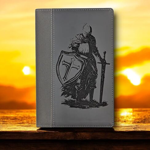 Personalized Large Print NIV Bible | Armor of God Knight and Custom Name Engraved on the Cover | Black Gray Leathersoft Custom Engraved Bible | Personalized Baptism Gift and Religious Keepsake in Saudi Arabia