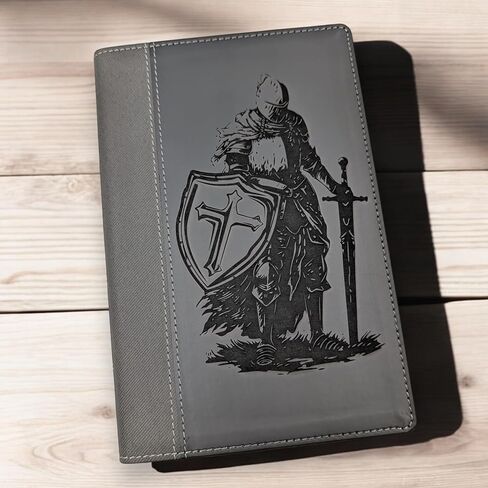 Personalized Large Print NIV Bible | Armor of God Knight and Custom Name Engraved on the Cover | Black Gray Leathersoft Custom Engraved Bible | Personalized Baptism Gift and Religious Keepsake in Saudi Arabia