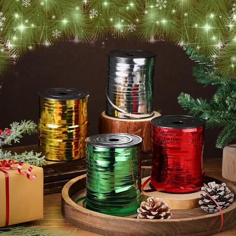 Civaner 4 Rolls 1750 Yards Christmas Curly Ribbon String Ribbons Metallic Gold Silver Red Green Shiny Ribbons for Gift Wrapping Holiday Decoration in Saudi Arabia