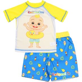 CoComelon Boys' 2-Piece Swim Set, Rash Guard Top and Swim Trunks, JJ Print, UPF 50+, Size 2T White/Blue
