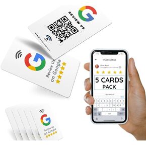 Google Review Cards - QR & Tap NFC - 5-Cards Pack - Reusable Google QR Code & NFC Review Card - iPhone & Android - Boost Google Business Reviews - Set Up at Home | Powered by MESSAGENES
