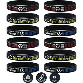 Inkstone (12-pack) Soccer Motivational Silicone Bracelets - Wholesale Bulk Soccer Jewelry, Sports Gifts, Party Favors and Supplies