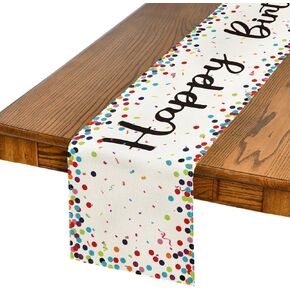 Artoid Mode Polka Dot Beige Happy Birthday Table Runner, Seasonal Kitchen Dining Table Decoration for Home Party Decor 13x36 Inch