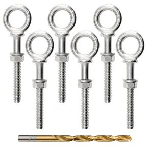 Sutekus 1/4" x 3" Eye Bolt T316 Stainless Steel Shoulder Lifting Ring Threaded Eyebolts with Nuts Washers and Drill Bit, 6pack, Silver