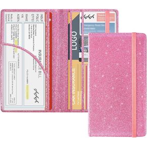 DMLuna Car Registration and Insurance Holder, Folio Leather Vehicle Card Document Glove Box Organizer, Auto Truck Compartment Accessories for Essential Information, Driver License Cards, Glitter Pink in Kuwait