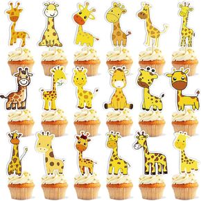 50 Pieces Giraffe Cupcake Toppers Wild Zoo Jungle Animal Cake Decoration Cute Giraffe Themed Stickers (2 in 1) Kids Boy Girl Birthday Baby Shower Party Supplies