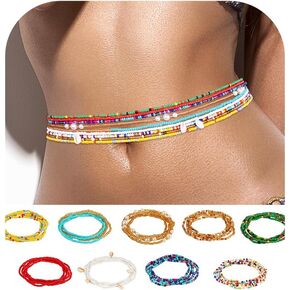 Poxtex 9pcs African Waist Beads for Women, Summer Layered Elastic Belly Beads for Beach Bikini, Colorful Stretch Waist Beaded Body Chain Jewelry, Body Accessories for Women Girls