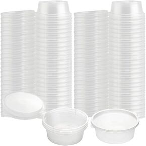 SEUNMUK 200 Pack 4 OZ Leak Proof Plastic Condiment Souffle Containers with Attached Lids, Disposable Plastic Portion Cups with LidsPlastic, Disposable Sauce Cups for Salad Dressing, Spices