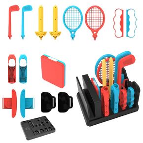 AriKroii Sports Accessories 16 in 1 Bundle Pack for Nintendo Switch & Switch OLED with Tennis Rackets, Soccer Leg Straps & Golf Clubs, Sword Grip, Family Party Sports Pack Games Accessories Kit