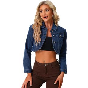 Allegra K Denim Jacket for Women's Collared Button Down Long Sleeve Crop Jean Jackets