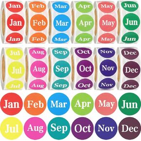 12 Rolls 1 Inch Round Month Labels, 12 Months of The Year Labels Monthly Adhesive Sticker Color Coding Month Tag Decorative Sticker, 500 Pieces Per Roll
