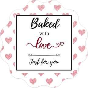 Mobiusea Creation Baked with Love Stickers Roll | Scalloped Cut | Waterproof | 1.5 inch | 500 Labels for Cookie Cupcake Stickers Homemade Bakery Bread Bags Labels Baked Goods Packaging