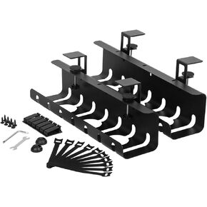 2 Pack Under Desk Cable Management Tray Drill/No Drill, Under Table Cable Management Tray Organizer Metal Cable Tray (Black)