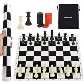 مجموعة QuadPro للشطرنج والداما المحمولة مقاس 20 بوصة، مجموعة ألعاب الشطرنج القابلة للطي للسفر 2 في 1 مع ملكتين إضافيتين وقطعتين إضافيتين من قطع الداما وحقيبة تخزين للأطفال والكبار in Kuwait