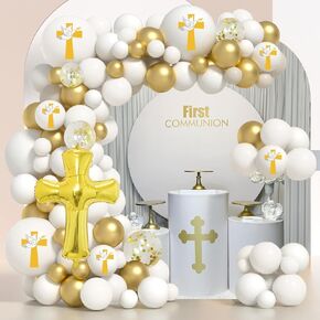First Communion Decorations Balloons Kit 118 Pcs First Communion Balloons Arch for First Holy Communion Decorations God Bless Christening Baptism Theme Party Supplies