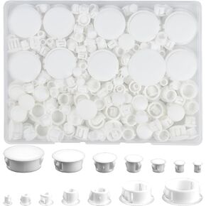 Plastic Hole Plugs, 180pcs White Panel Knockout Locking Plugs, Round Drill Screw Hole Plugs Covers for Kitchen Cabinet Furniture Insert End Caps, 1" 3/4" 1/2" 3/8" 5/16" 1/4" 1/5"