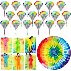 RoundFunny 30 Pcs Tie Dye Party Favors Themed Birthdays Party Toys Colorful Parachute Outdoor Soldiers Toys Toss It up Flying Toys for Girls Boys Trolls Party Supplies Classroom Prize