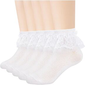 Meeshine Toddler Baby Girls Ruffle Lace Socks White Princess Eyelet Frilly Cotton Ankle Dress Socks 5 Pairs for 1-9T kids