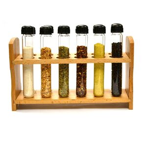 hBARSCI Hand Made Test Tube Spice Rack, Wooden Rack with 12 Borosilicate Glass Test Tubes (6" Long, 1" Dia.) with Caps and Funnel