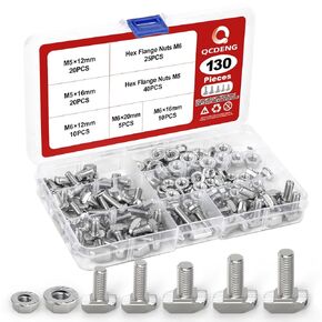 QCDENG 130pcs M5 M6 T Screw and Hex Flange Nuts Set, T Hammer Head Bolt for 20 30 Series European Standard T-Slot