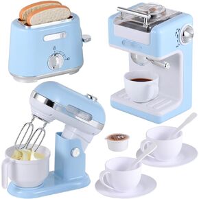 Play Kitchen Toys Kids Kitchen Accessories Pretend Play Kitchen Appliances Toy Set with Coffee Maker, Mixer, Toaster for Kids Ages 4-8 Girls, Blue