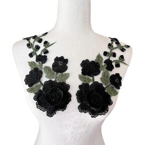 PEPPERLONELY 1 Pair 3D Rose Flower Leaves Embroidered Floral Sewing On Patch for Clothes Custume Dress, 30 x 13.5cm, Dark Blue
