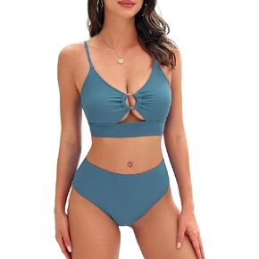 ZAFUL 2 Piece Swimsuit High Waisted Tummy Control Bikini Sets for Women O Ring Cutout Cheeky High Cut Bathing Suits