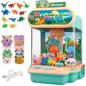 Claw Machine for Kids,Mini Dinosaur Vending Machines Candy Grabber Prize Dispenser Pink Toys for Boy Girl,Electronic Arcade Game with 10 Mini Plush Toys and 12 Dinosaur Toys for Easter Birthday Gifts