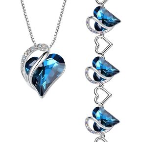 Leafael Infinity Love Heart Necklace and Bracelet for Women, September Birthstone Crystal Jewelry, Silver Tone Bundle Gifts for Women, Bermuda Sapphire Blue