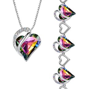 Leafael Infinity Love Heart Necklace and Bracelet for Women, Healing Stone for Protection Crystal Jewelry, Silver Tone Bundle Gifts for Women, Rainbow Black