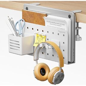 PEGZONE Desk Side Storage Organizer, No Drill Under Desk Laptop Holder, Clamp on Desk Shelf with Pegboard Accessories, Hanging Laptop Mount, Fits Flat Edge Desks 0.4" to 2.2", White