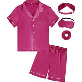 SEALINF Satin Girl Pajama Set 5 Piece Boy Button-up Silk Pjs Sleepwear Nightwear Loungewear With Eyemask