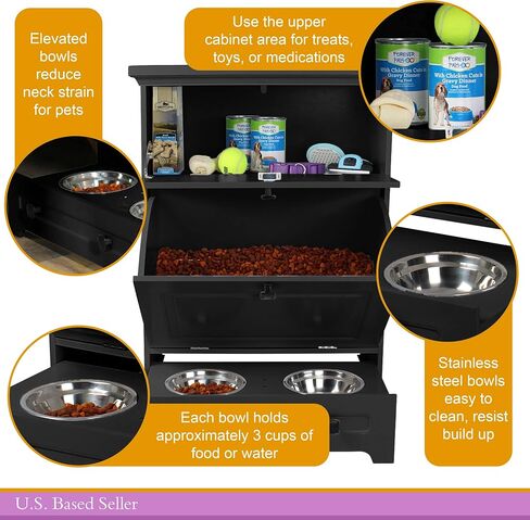 MiMu Raised Dog Bowl Stand with Food Storage Cabinet - Black Dog & Cat Feeder Station in Saudi Arabia