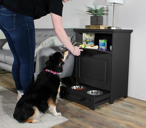 MiMu Raised Dog Bowl Stand with Food Storage Cabinet - Black Dog & Cat Feeder Station in Saudi Arabia