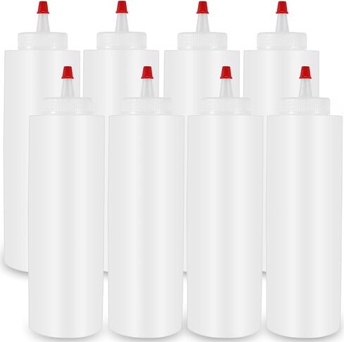 UHBYJM Squeeze Bottles,8 Pack 16 Oz Condiment Bottles with Red Tip Cap,Plastic Squeeze Condiment Bottle Leak Proof Sauce Bottle for Ketchup Icing Sauces Arts and Crafts,with Labels&Silicone Funnels in Saudi Arabia