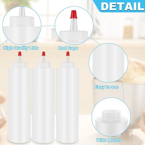 UHBYJM Squeeze Bottles,8 Pack 16 Oz Condiment Bottles with Red Tip Cap,Plastic Squeeze Condiment Bottle Leak Proof Sauce Bottle for Ketchup Icing Sauces Arts and Crafts,with Labels&Silicone Funnels in Saudi Arabia