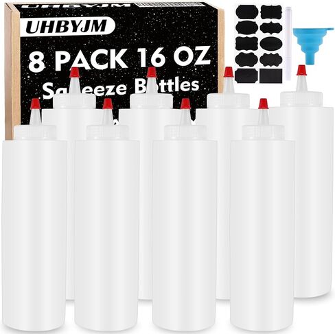 UHBYJM Squeeze Bottles,8 Pack 16 Oz Condiment Bottles with Red Tip Cap,Plastic Squeeze Condiment Bottle Leak Proof Sauce Bottle for Ketchup Icing Sauces Arts and Crafts,with Labels&Silicone Funnels in Saudi Arabia