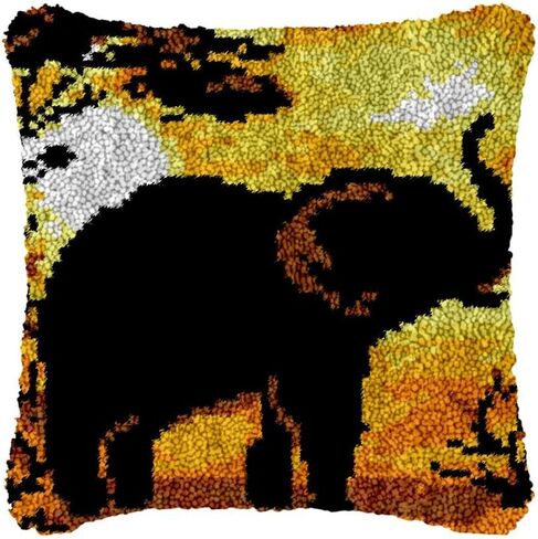 Latch Hook Kits Pillow African Elephant Cover for Beginner Color Printed Canvas DIY Yarn Crocheting Carpet Cushion Embroidery Hook and Latch Pillowcase Sofa Decoration 43x43cm in Saudi Arabia
