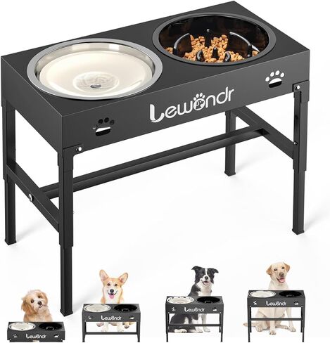 Lewondr Elevated Dog Bowls, 2-in-1 Metal Raised Slow Feeder Dog Bowls with No Spill Water Bowl, 3 Height Adjustable Raised Dog Bowl Stand Non-Slip Dog Feeding Station for Small Medium Large Breed Dogs in Saudi Arabia