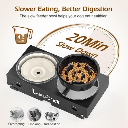 Lewondr Elevated Dog Bowls, 2-in-1 Metal Raised Slow Feeder Dog Bowls with No Spill Water Bowl, 3 Height Adjustable Raised Dog Bowl Stand Non-Slip Dog Feeding Station for Small Medium Large Breed Dogs in Saudi Arabia