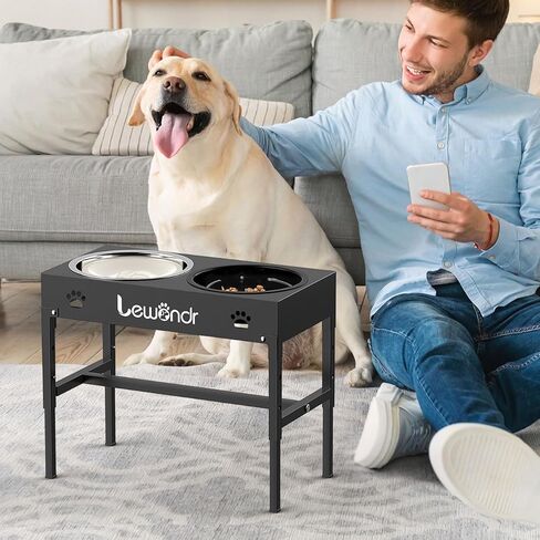 Lewondr Elevated Dog Bowls, 2-in-1 Metal Raised Slow Feeder Dog Bowls with No Spill Water Bowl, 3 Height Adjustable Raised Dog Bowl Stand Non-Slip Dog Feeding Station for Small Medium Large Breed Dogs in Saudi Arabia