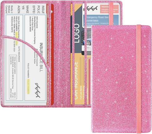 DMLuna Car Registration and Insurance Holder, Folio Leather Vehicle Card Document Glove Box Organizer, Auto Truck Compartment Accessories for Essential Information, Driver License Cards, Glitter Pink in Kuwait