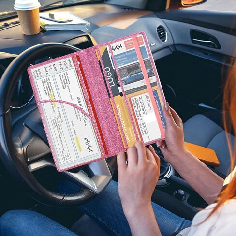 DMLuna Car Registration and Insurance Holder, Folio Leather Vehicle Card Document Glove Box Organizer, Auto Truck Compartment Accessories for Essential Information, Driver License Cards, Glitter Pink in Kuwait