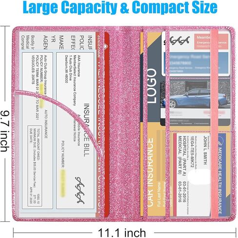 DMLuna Car Registration and Insurance Holder, Folio Leather Vehicle Card Document Glove Box Organizer, Auto Truck Compartment Accessories for Essential Information, Driver License Cards, Glitter Pink in Kuwait