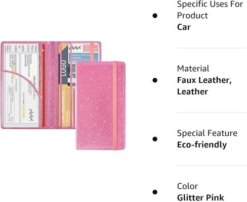 DMLuna Car Registration and Insurance Holder, Folio Leather Vehicle Card Document Glove Box Organizer, Auto Truck Compartment Accessories for Essential Information, Driver License Cards, Glitter Pink in Kuwait