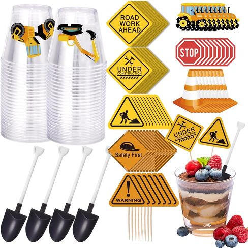Whaline 200Pcs Construction Party Supplies 50Pcs Plastic Shovel Shape Novelty Spoons 50Pcs Cake Desserts Cups 50Pcs Construction Cupcake Toppers Stickers for Construction Themed Birthday Party in Saudi Arabia