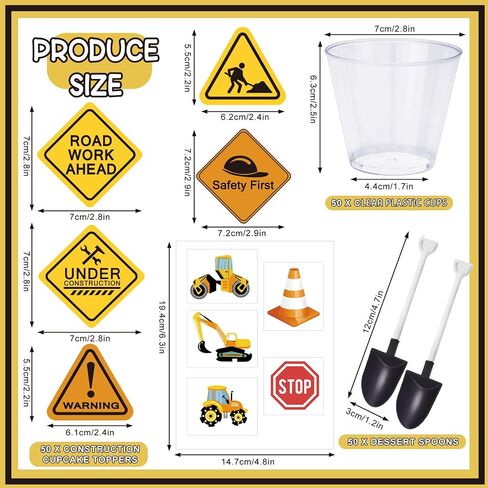 Whaline 200Pcs Construction Party Supplies 50Pcs Plastic Shovel Shape Novelty Spoons 50Pcs Cake Desserts Cups 50Pcs Construction Cupcake Toppers Stickers for Construction Themed Birthday Party in Saudi Arabia