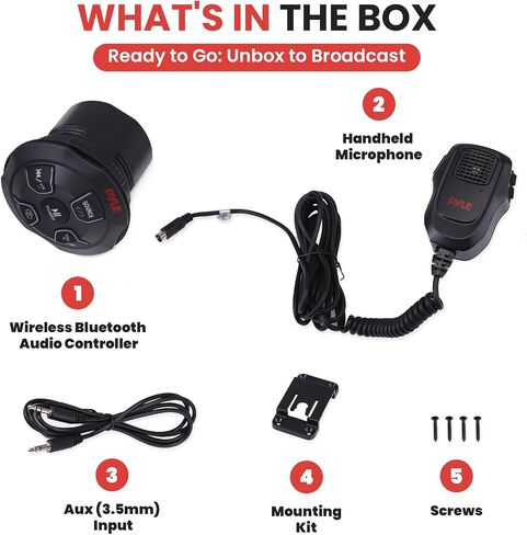 Pyle Marine Bluetooth Receiver Microphone Kit - Waterproof Audio Entertainment System Set w/ 2-Channel Wireless BT Controller, Handheld Broadcasting Mic - Car, Truck, ATV, UTV, 4x4, Boat in Saudi Arabia